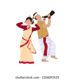 Assamese Man Playing Pepa Instrument And Woman Dancing On White Background.