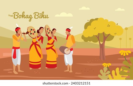 Assamese men and women performing Bihu dance on the occasion of Bohag Bihu or Magh Bihu.  Bohag Bihu is a harvest festival celebrated in the month of April.