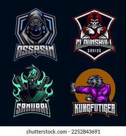 Assasin Character Ninja, skull clown, tiger kungfu E-sport Mascot Logo Design Bundle Set icon collection vector illustration gaming team