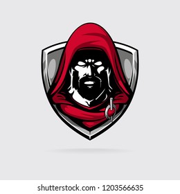 assasin en el logotipo del capuchón rojo para el deporte o equipo de juego