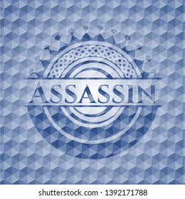 Assassin blue badge with geometric pattern background. Vector Illustration. Detailed.