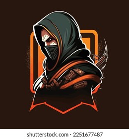 Assassin esporta diseño de mascota, plantilla de logotipo de juegos, ilustración