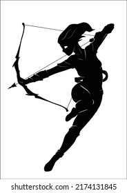 Assassin Girl Jumping And Shooting From A Bow. She Wears A Mask And Armor. She Has Flowing Hair And Belts. Silhouette. 2d Illustration