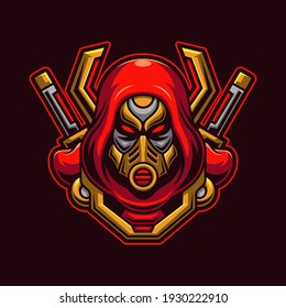 Assassin head with mask logo gaming. Ninja face esport twitch avatar. Character mascot design