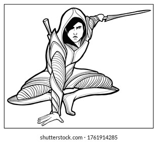 Assassin in hood, light secretive armor, with sharp blades, one blade keeps in hand, other behind his back, sits low on the squat, leaning on one arm, staring forward, character, killer, no background
