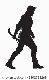Un asesino con un vector de silueta de cuchillo aislado sobre fondo blanco.