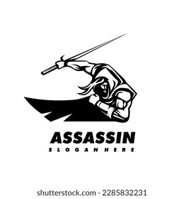 Assassin logo design vector. Ninja use sword in black and white