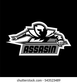 Assassin logo. Lettering. Crouching Warrior with a sword. Black and white color sticker. Vector illustration. Flat style