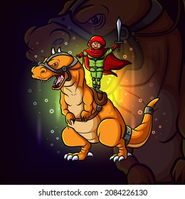 The assassin man is standing on tyrannosaurus-rex esport logo design of illustration