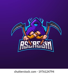 Assassin mascot logo design vector with modern illustration concept style for badge and emblem. Assassin with sickle for esports team