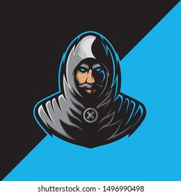 assassin mascot logo, with a mysterious face with a mustache in a gray robe