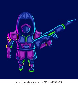 Assassin ninja cyberpunk logo line pop art portrait fiction colorful design with dark background. Abstract vector illustration.