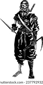 Ninja-Skelett-Dämon Shinobi-Schädel-Schwert-Waffe Krieger Tattoo-Design