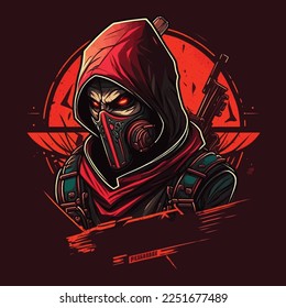 Assassin with red eyes wearing hoodie, esports mascot designs, gaming logo template, illustration