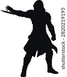 Assassin silhouette, dagger, action, danger, stealth, mystery.