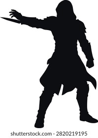 Assassin silhouette, dagger, action, danger, stealth, mystery.