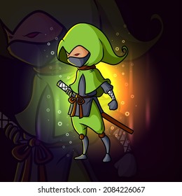 El asesino está parado mientras sostiene el diseño de la imagen de la mascota del puerto de katana