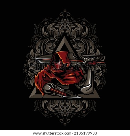 Assassin vector character illustration carrying a sword