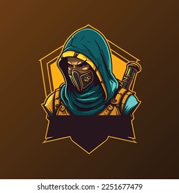 Assassin wearing hoodie with sword, esports mascot designs, gaming logo template, illustration