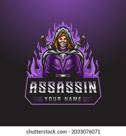 Assassin woman character with two swords and fire background for esport gaming mascot logo template