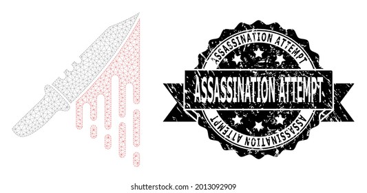 Assassination Attempt scratched stamp seal and vector blood knife mesh model. Black seal includes Assassination Attempt title inside ribbon and rosette. Abstract flat mesh blood knife,