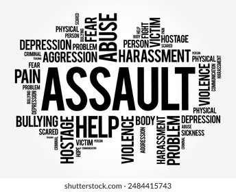 Assault - act of committing physical harm or unwanted physical contact upon a person, word cloud concept background. No AI generated content