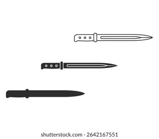Assault knife icons in three versions, legion, isolation, black silhouette, army, combat, assault knife icon.
