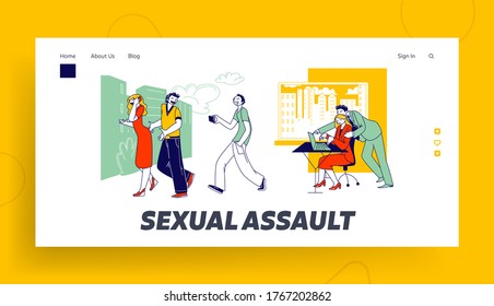 Assault Landing Page Template. Male Character Company Boss Put Hand on Woman Shoulder at Workplace. Teenagers Record Harassment Video on Touch Girl Buttocks. Linear People Vector Illustration