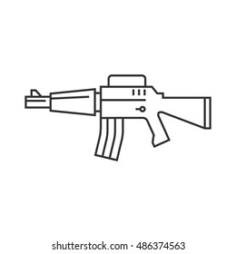 Assault riffle icon in thin outline style. Military army automatic police justice crime trigger protection