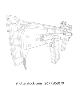 Modelo de rifle de asalto en 3D con estructura de alambre detallada sobre fondo blanco, con líneas intrincadas y curvas realistas.