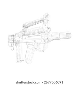 Assault rifle 3D wireframe model on white background, featuring realistic details and clean lines for design projects.
