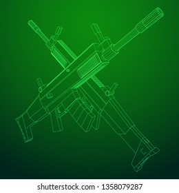 Assault rifle, automatic fire rifle model wireframe low poly mesh vector illustration