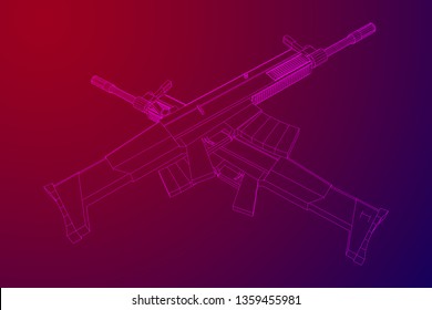 Assault rifle, automatic fire rifle model wireframe low poly mesh vector illustration