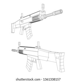 Assault rifle, automatic fire rifle model wireframe low poly mesh vector illustration