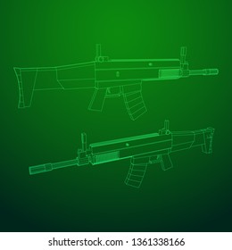 Assault rifle, automatic fire rifle model wireframe low poly mesh vector illustration