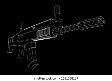 Assault rifle, automatic fire rifle model wireframe low poly mesh vector illustration