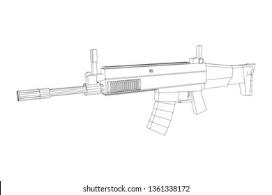 Assault rifle, automatic fire rifle model wireframe low poly mesh vector illustration