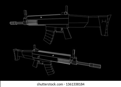 Assault rifle, automatic fire rifle model wireframe low poly mesh vector illustration