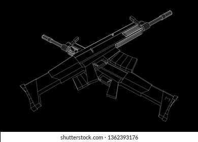Assault rifle, automatic fire rifle model wireframe low poly mesh vector illustration