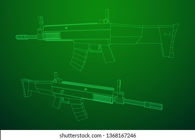 Assault rifle, automatic fire rifle model wireframe low poly mesh vector illustration