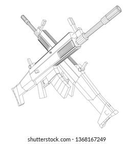 Assault rifle, automatic fire rifle model wireframe low poly mesh vector illustration