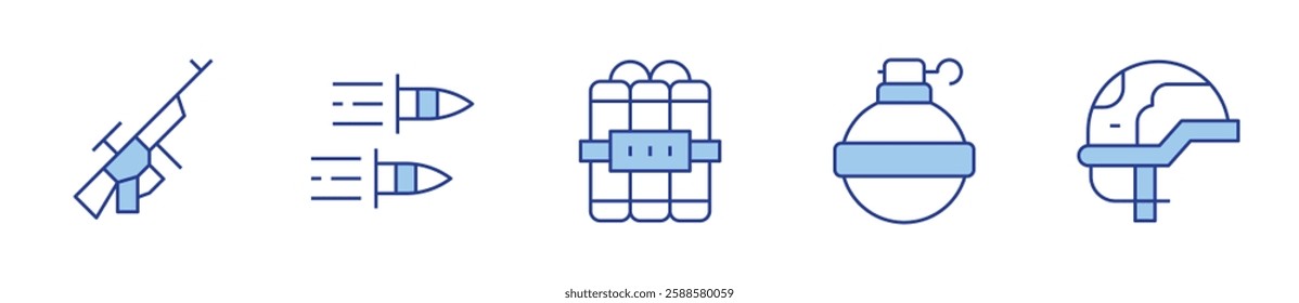 assault rifle, bullet, dynamite, grenade, helmet. War Icon vector illustration. Line Duotone style. Editable stroke.