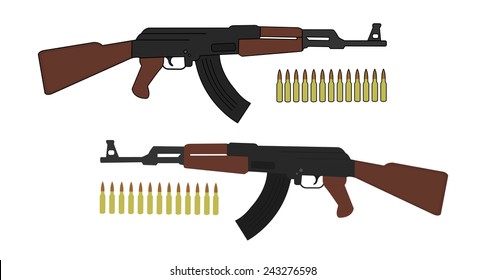 Assault rifle with bullets. Game resources. Vector clip art color illustration isolated on white