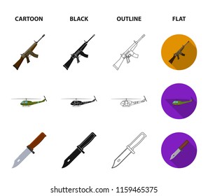 Assault rifle, helicopter, tank, combat knife. Military and army set collection icons in cartoon,black,outline,flat style vector symbol stock illustration web.