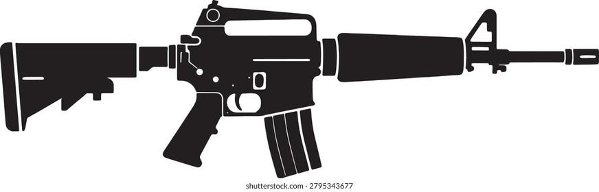 Assault rifle icon featuring tactical military weapon combat gear automatic firearm design professional army equipment defense hardware black silhouette isolated graphic element for weapon collection.