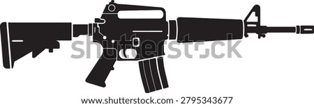 Assault rifle icon featuring tactical military weapon combat gear automatic firearm design professional army equipment defense hardware black silhouette isolated graphic element for weapon collection.