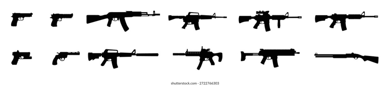 Assault Gewehr Silhouette Set Vektor auf weißem Hintergrund Vektor Waffen Silhouette Paket isoliert Maschine Pistole Silhouetten Set Vektorgrafik.