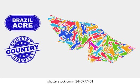 Assemble Acre State map and blue Country distress seal stamp. Colored vector Acre State map mosaic of machinery components. Blue rounded Country seal.