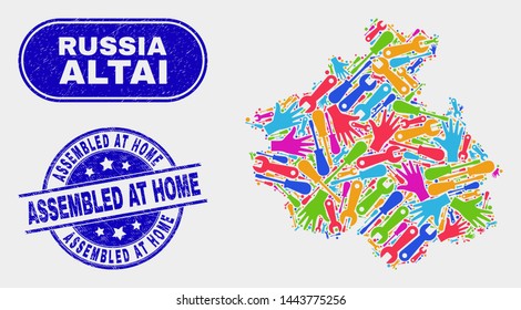 Assemble Altai Republic map and blue Assembled at Home grunge seal stamp. Colored vector Altai Republic map mosaic of workshop components. Blue round Assembled at Home seal.