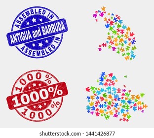 Assemble Antigua and Barbuda map and blue Assembled seal stamp, and 1000% scratched watermark. Bright vector Antigua and Barbuda map mosaic of bundle parts. Red round 1000% seal.